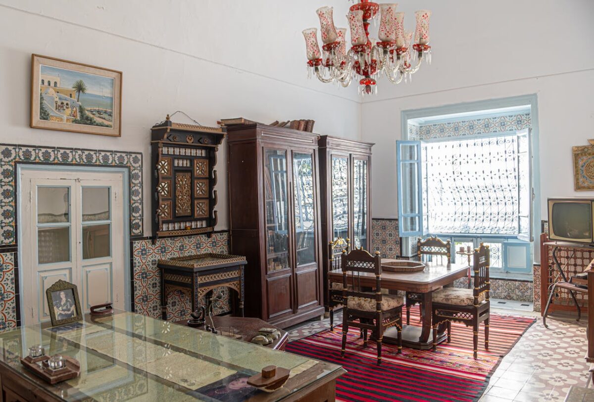 Elegant interior showcasing traditional Tunisian decor and vintage furniture in Carthage.