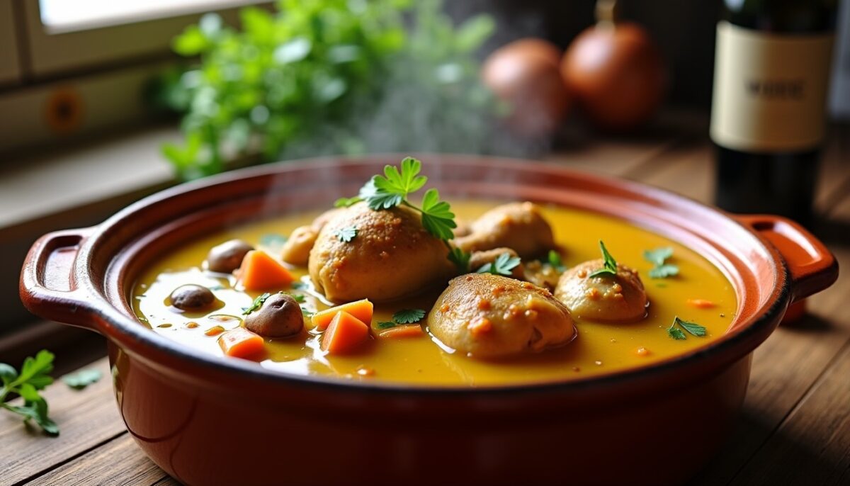 Recette authentique et simple du poulet mijoté au vin jaune